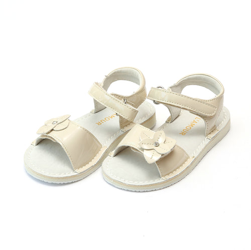 L'Amour Girls Kaylee Patent Cream Stitch Down Open Toe Leather Sandal - Lamourshoes.com
