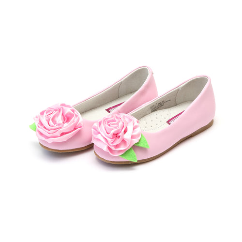 Rosa Pink Leather Ballet Flat with Satin Rose Flower Accent - L'Amour