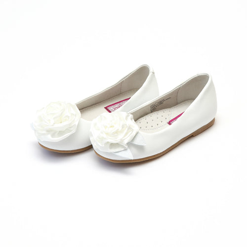 Rosa White Leather Ballet Flat with Satin Rose Flower Accent - L'Amour