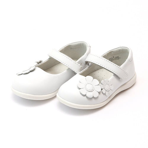 L'Amour Girls Megan White Flower Leather Sporty Mary Jane - Lamourshoes.com