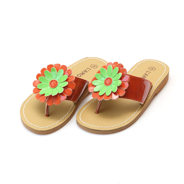 L'Amour Girls Savannah Patent Tangerine Flower Thong Sandal - lamourshoes.com