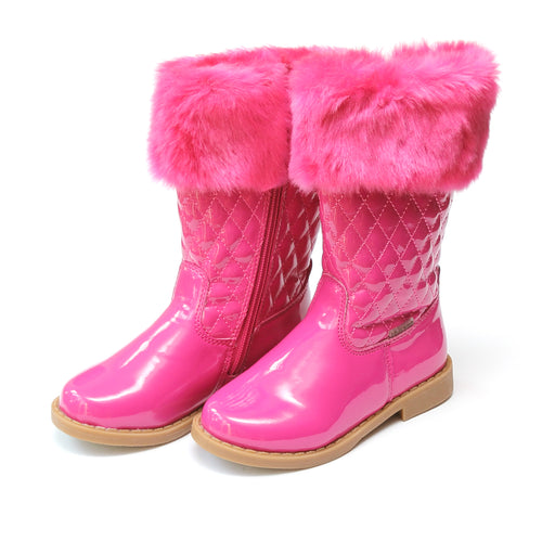 Lina Faux Fur Cuffed Tall Fuchsia Quilted Boot - L'Amour Shoes