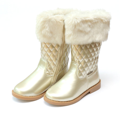 Lina Faux Fur Cuffed Tall Gold Quilted Boot - L'Amour Shoes