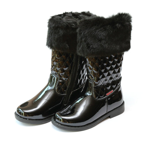 Lina Faux Fur Cuffed Tall Black Quilted Boot - L'Amour Shoes