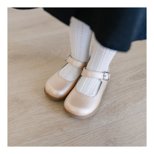 Chloe Classic Champagne Scalloped Leather Mary Jane - L'Amour Mary Janes - Champagne Girls Flats