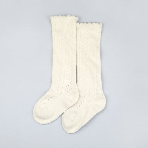 Toddler Girls Cotton Crochet Knee High Socks in Milk - L'Amour Shoes