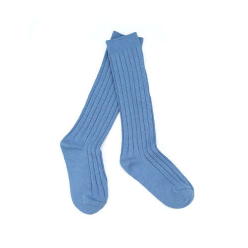 Girls French Blue Ribbed Knee Socks